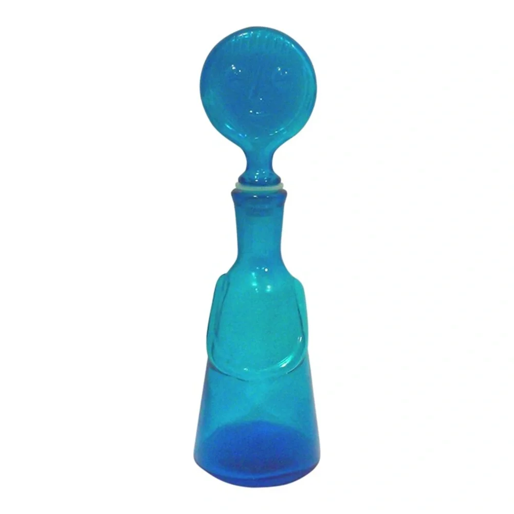 Vintage Blue Glass Art Glass Face Decanter Bottle